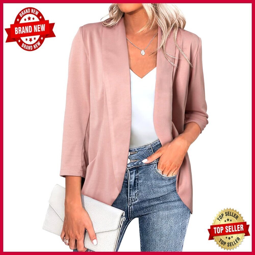 Lightweight 3/4 Sleeve Blazer Open Front Cardigan Jacket Office Work Slim Fit
